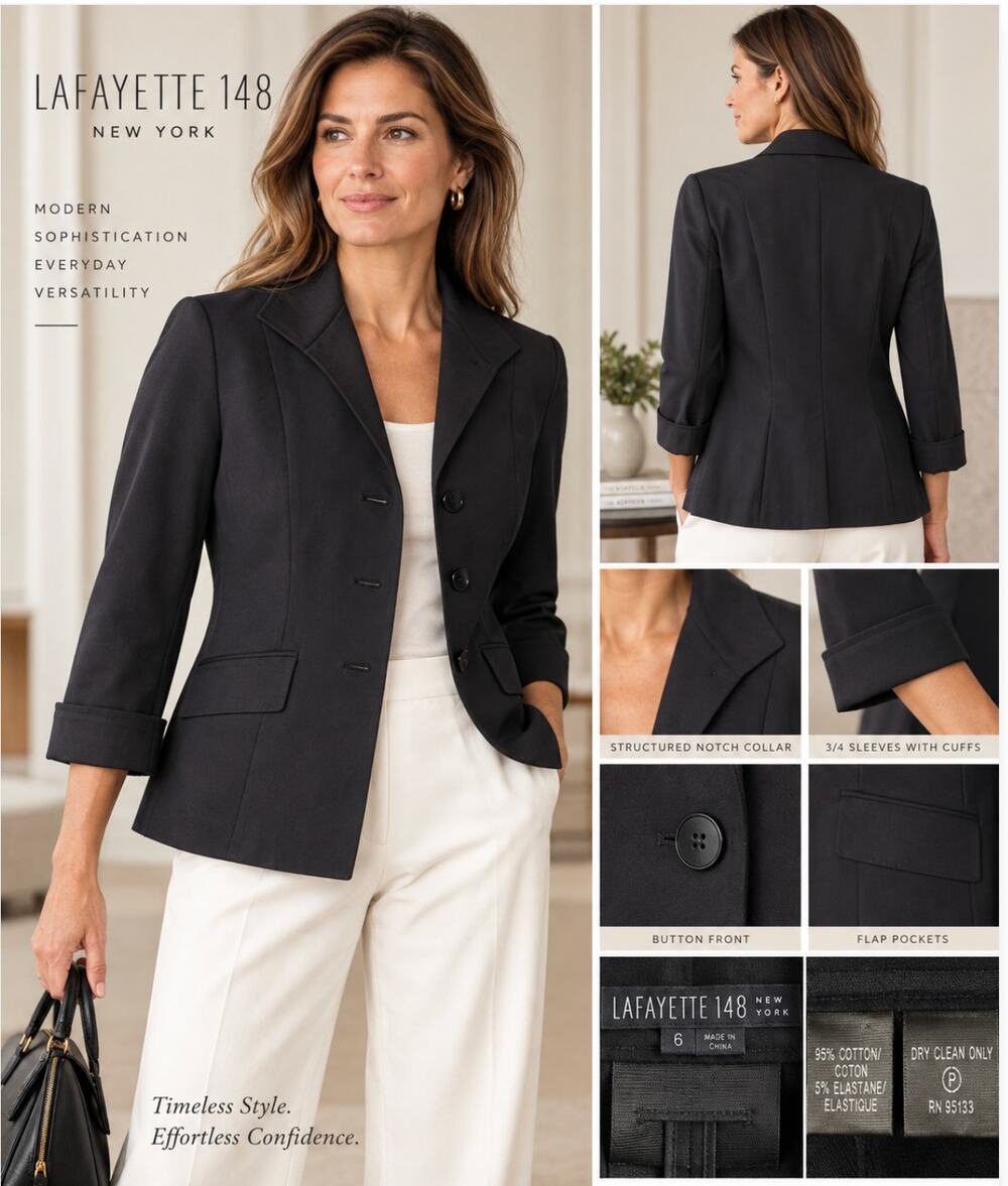 Lafayette 148 New York Blazer Size 6 Black Cotton Stretch 3/4 Sleeve Jacket